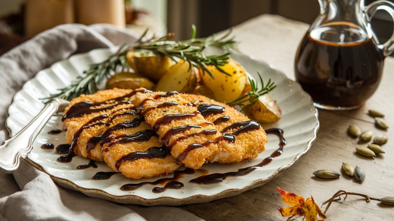 Bild Hühnerschnitzel mit Kürbiskernöl – Soße und Rosmarinerdäpfel